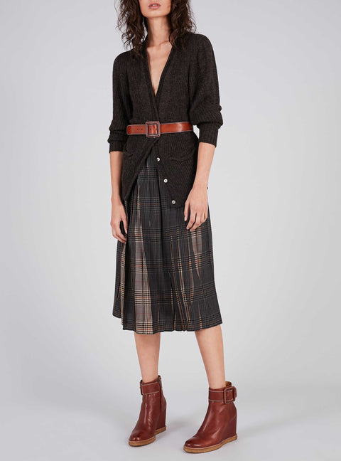 Pleated Plaid Midi Skirt